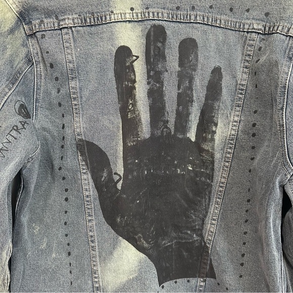 Cheap Monday Staple Denim Jacket Psyched SZ Medium Blue Graffiti Hand Print - Picture 10 of 10
